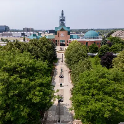 A drone photo of City hall in the summer, view from Esplanade Park